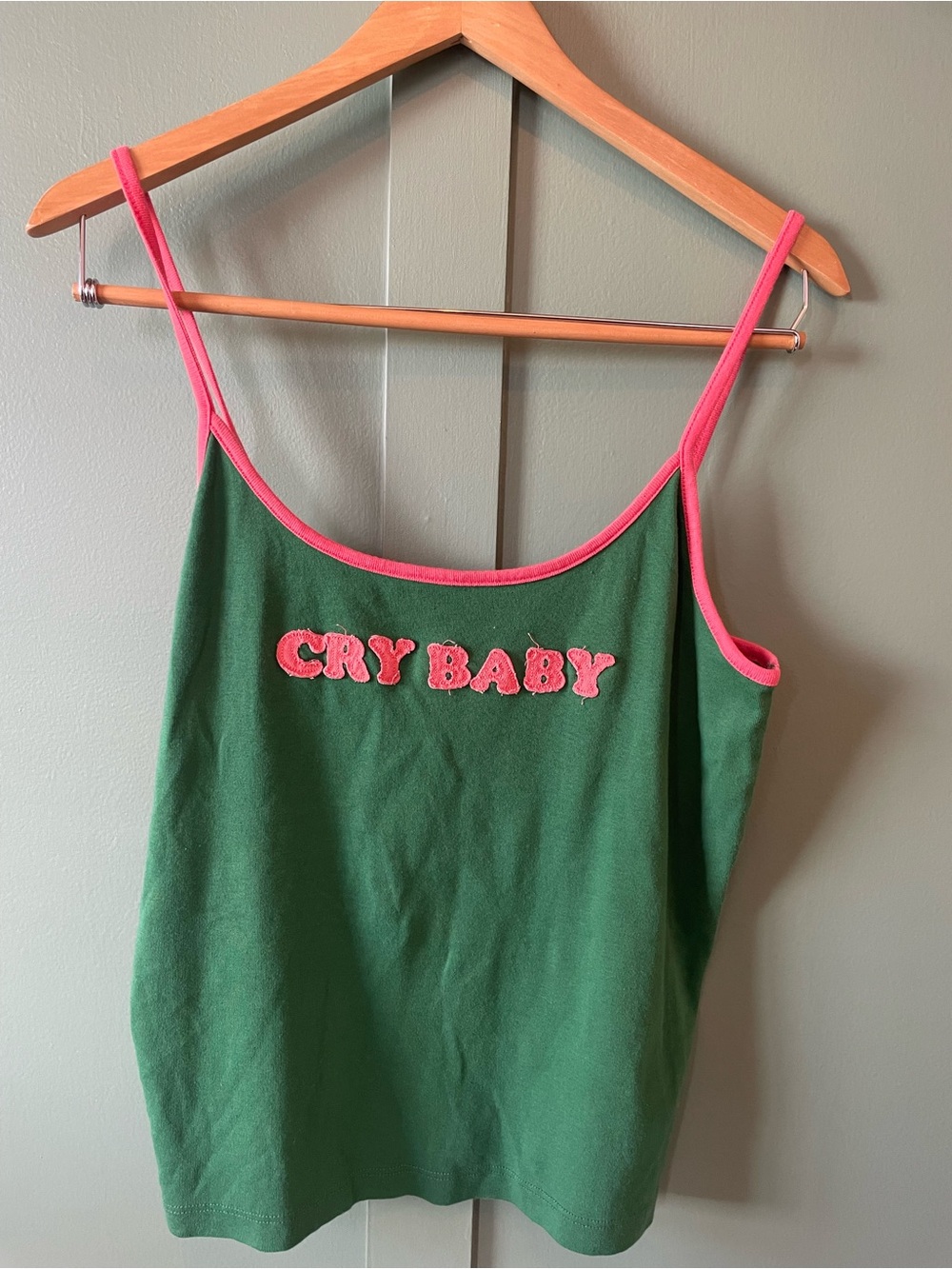 NWT Urban Outfitters Green Tank Top with Pink Trim and "CRY BABY" Applique